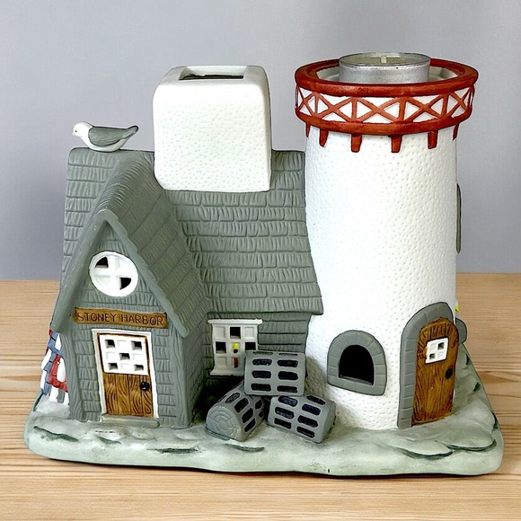 Lighthouse Vintage Stoney Harbor PartyLite Double Candle Holder Collectible Grey - Picture 1 of 16
